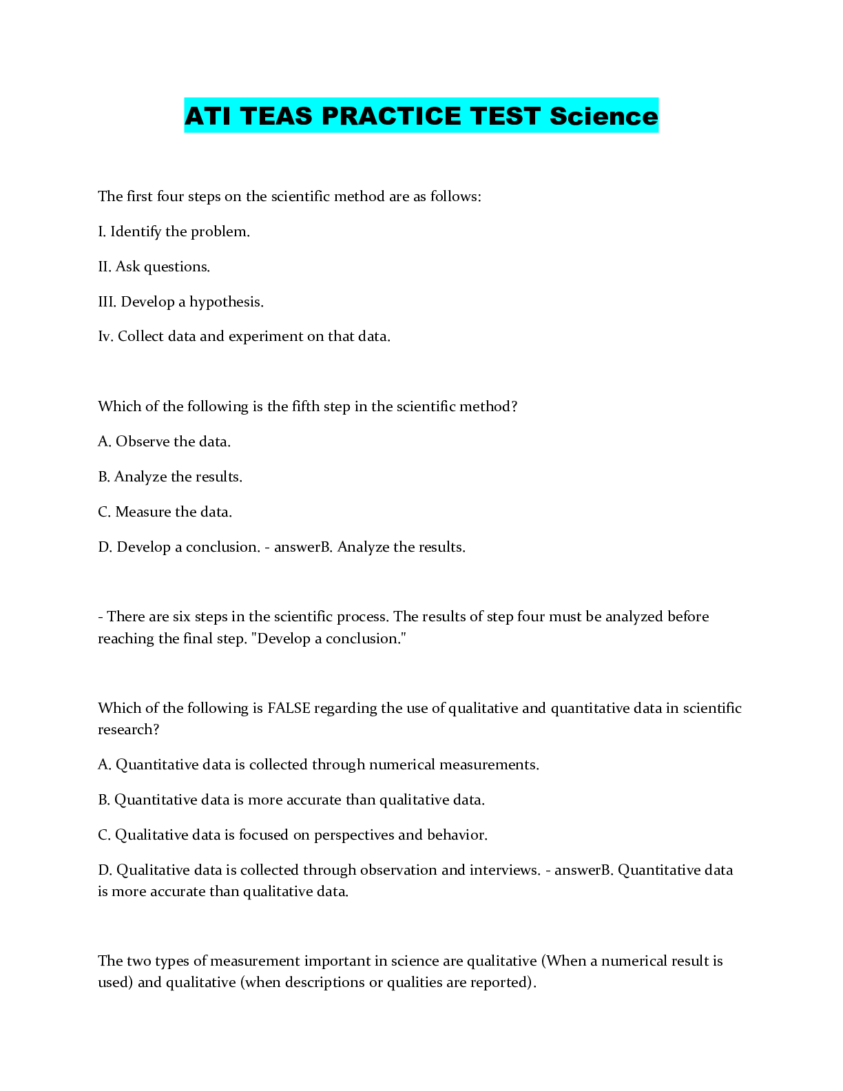 Preview image of ATI TEAS PRACTICE TEST Science document